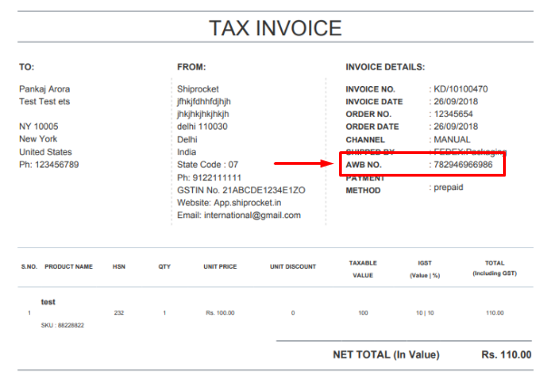 Air Way Bill number in a ecommerce shipping invoice