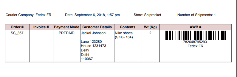 ShipRocket shipment manifest id