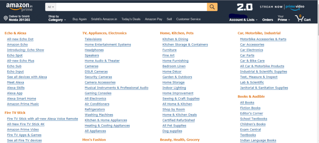 amazon.in categories showing vast variety available