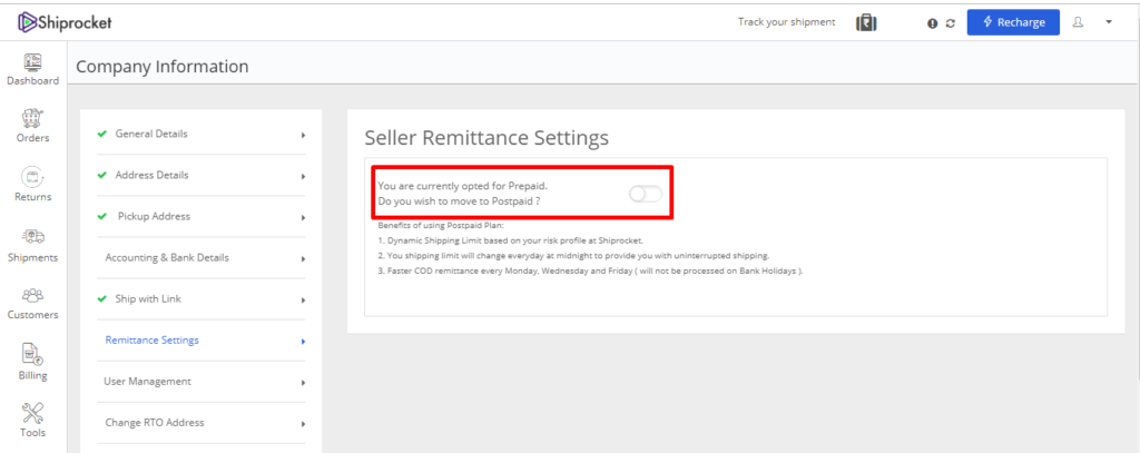 Postpaid shipping activation on Shiprocket